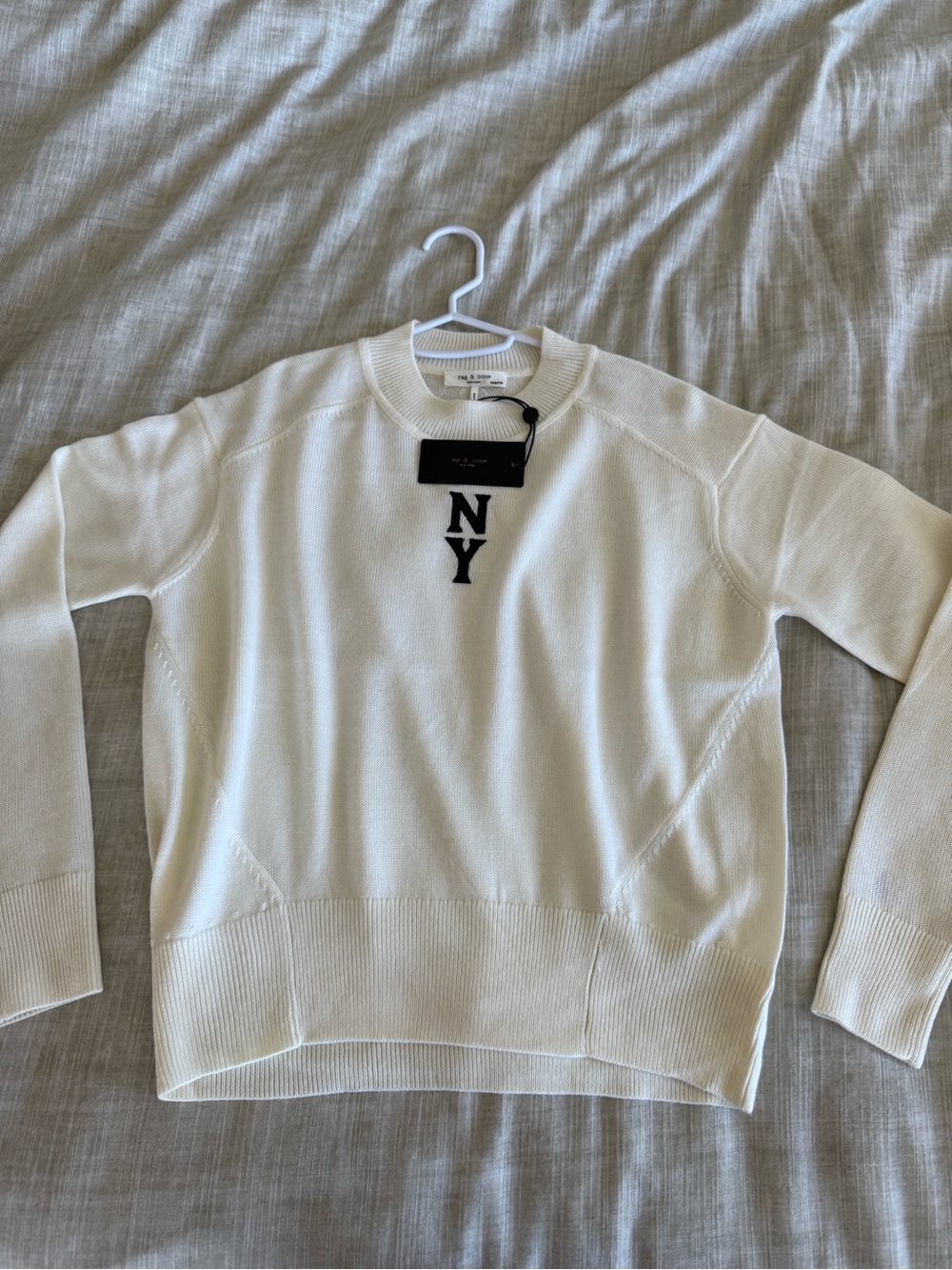 NWT Rag & Bone NY Embroidered Crewneck Wool Sweater - White XXS